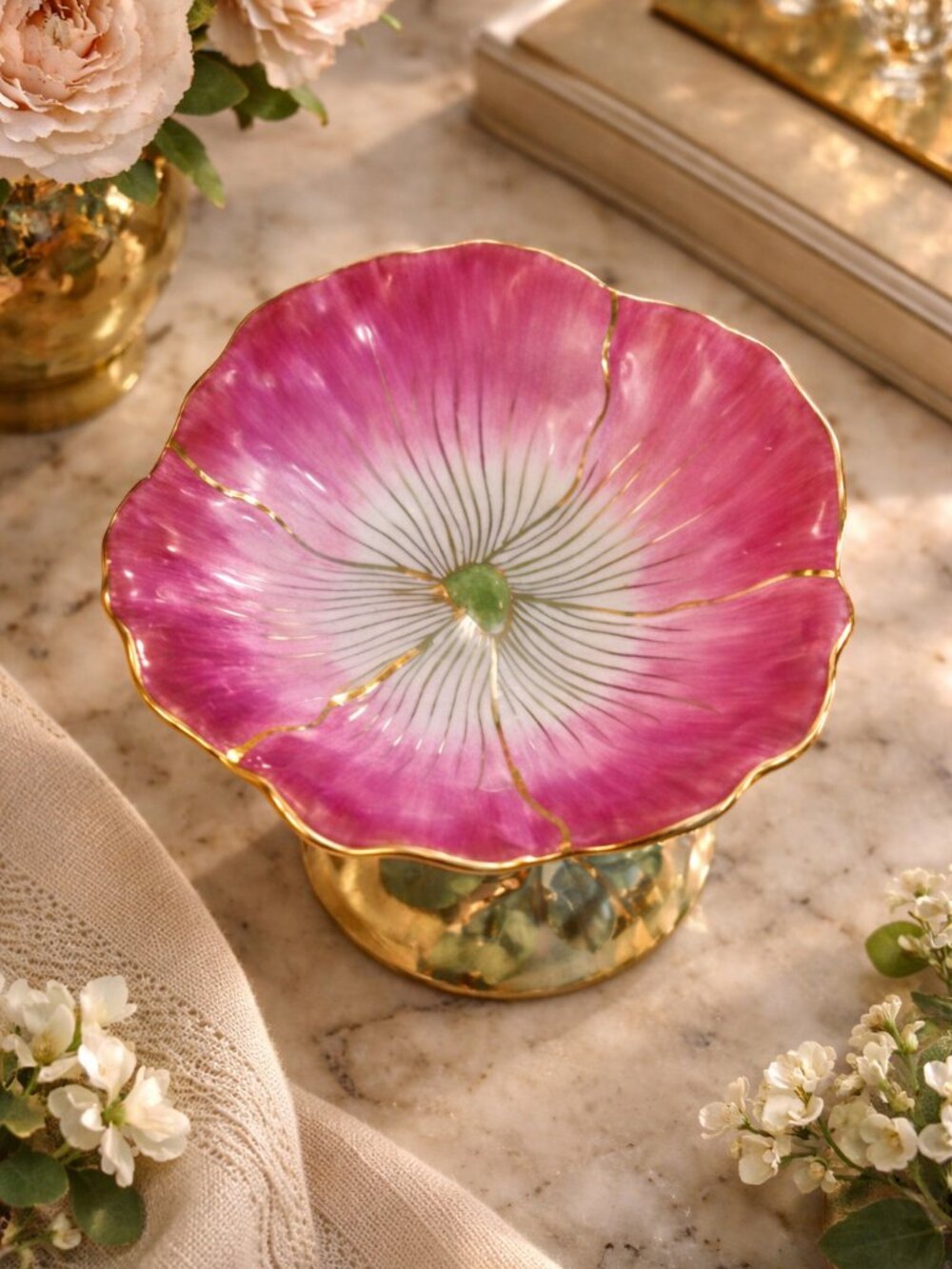 Hand Painted Floral Glazed Ceramic Wax Melt Warmers Set 2 Pink Gold New - Picture 4 of 8